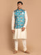 Men's Turquoise Digital Printed Royal Angrakha Nehru Jacket With Cream Kurta Pyjama